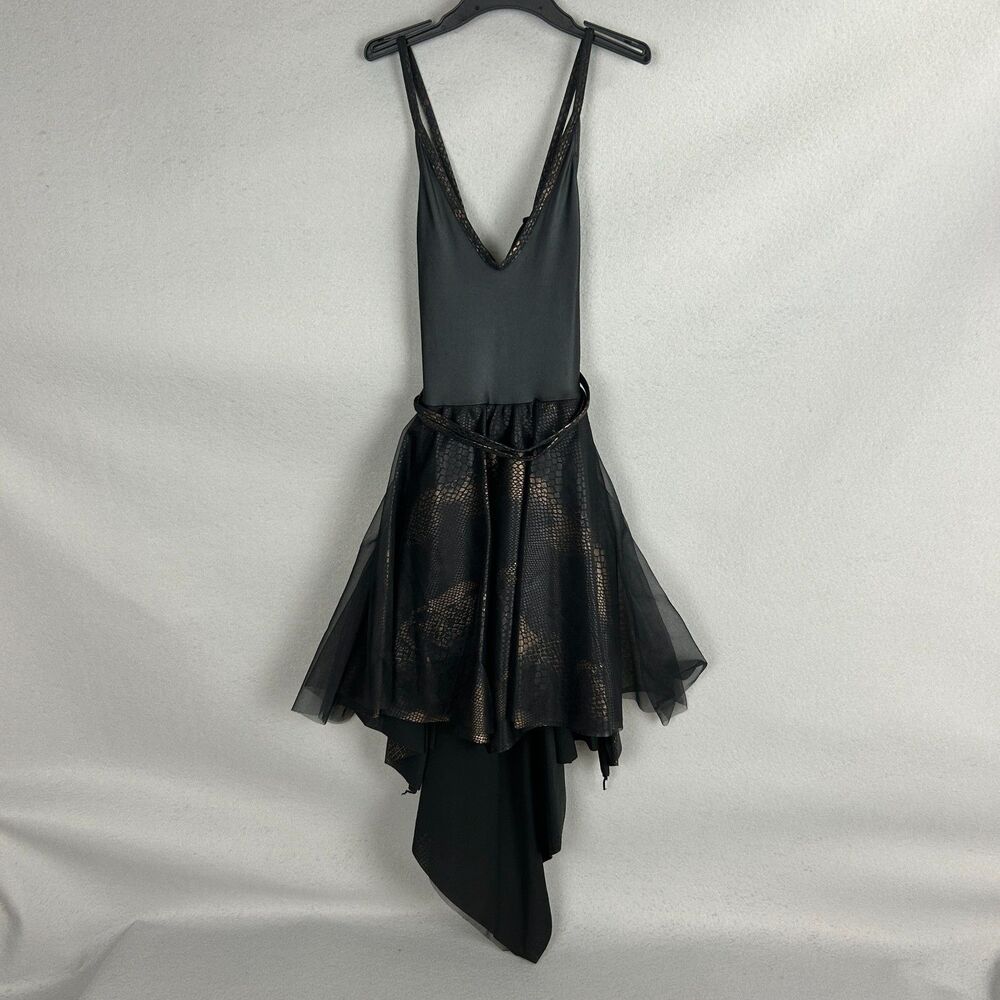 Revolution Dance Leotard Adult Small Black Mesh Hi Low Skirt Performance Stage